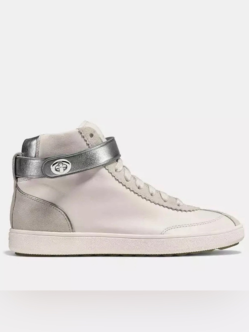 Coach C213 High Top Sneakers Chalk Leather Suede Turnlock Sz 6.5